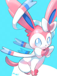 Rule 34 | blue background, blue eyes, blurry, blush, closed mouth, commentary request, creatures (company), game freak, gen 6 pokemon, highres, looking at viewer, nintendo, no humans, pokemon, pokemon (creature), sitting, solo, surumeika (ninfiiiir), sylveon, toes