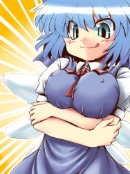 Rule 34 | &gt;:), 1girl, :q, alternate breast size, bad id, blush, breast hold, breast lift, breasts, cirno, crossed arms, emphasis lines, covered erect nipples, female focus, huge breasts, kakkou, large breasts, aged up, solo, tongue, tongue out, touhou, v-shaped eyebrows