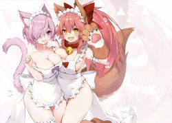 Rule 34 | 2girls, absurdres, animal ear fluff, animal ears, animal hands, apron, arm up, armpits, asymmetrical docking, back bow, bare hips, bare shoulders, bell, blush, bow, breast press, breasts, cat ears, cat girl, cat hair ornament, cat tail, cleavage, collar, collarbone, cowboy shot, fang, fate/grand order, fate (series), finger to mouth, fox ears, fox girl, fox tail, frilled apron, frills, hair between eyes, hair bow, hair ornament, hair over one eye, highres, jingle bell, large breasts, long hair, looking at viewer, maid headdress, mash kyrielight, multiple girls, muryotaro, naked apron, neck bell, open mouth, paw pose, paw print, pink hair, purple bow, purple eyes, red bow, scan, shiny skin, short hair, simple background, skin fang, smile, strap slip, tail, tamamo (fate), tamamo cat (fate), v-shaped eyebrows, very long hair, white apron, white background