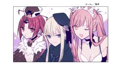Rule 34 | 3girls, benienma (fate), bikini, blonde hair, blue headwear, border, breasts, closed mouth, coat, fate/grand order, fate (series), fur-trimmed coat, fur trim, grey eyes, hat, katagiri (mighty swing), long hair, looking at another, looking at viewer, medb (swimsuit saber) (second ascension) (fate), multiple girls, open mouth, parted bangs, pink hair, red eyes, red hair, reines el-melloi archisorte, small breasts, smile, swimsuit, twintails, upper body, white bikini, white border, yellow eyes