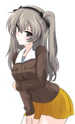 Rule 34 | 1girl, absurdres, aikir (jml5160), alternate costume, black ribbon, brown eyes, brown jacket, chi-hatan military uniform, closed mouth, commentary, cowboy shot, girls und panzer, hair ribbon, hand on own arm, head tilt, highres, jacket, light brown hair, light frown, long hair, long sleeves, looking at viewer, military, military uniform, miniskirt, one side up, pleated skirt, ribbon, shimada arisu, simple background, skirt, solo, standing, uniform, white background, yellow skirt