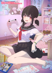 Rule 34 | 1girl, bare legs, barefoot, bedroom, black sailor collar, black skirt, bracelet, brown hair, commentary request, controller, full body, game controller, indoors, jewelry, kagawa yuusaku, looking at viewer, manga (object), neckerchief, original, parted lips, pencil, picture frame, plant, pleated skirt, potted plant, red eyes, red neckerchief, sailor collar, school uniform, serafuku, shirt, short sleeves, short twintails, skirt, smile, solo, stuffed animal, stuffed toy, test score, toes, twintails, unworn socks, video game, white shirt