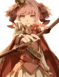 Rule 34 | 10s, 1girl, alternate costume, belt, bow, bow (weapon), cape, crown, kaname madoka, lemontea, looking at viewer, magical girl, mahou shoujo madoka magica, mahou shoujo madoka magica (anime), pink eyes, pink hair, red cape, ribbon, short hair, short twintails, simple background, smile, solo, twintails, weapon