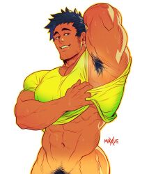 Rule 34 | 1boy, abs, armpit hair, armpits, artist name, bara, black hair, commentary, english commentary, facial hair, green shirt, large pectorals, male focus, male pubic hair, mavex art, muscular, muscular male, naked shirt, navel, original, out-of-frame censoring, pectorals, presenting armpit, pubic hair, shirt, short hair, simple background, smile, solo, stubble, teeth, white background