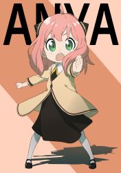 Rule 34 | 1girl, absurdres, anya (spy x family), black dress, black footwear, brown jacket, character name, child, commentary request, dress, full body, green eyes, hair ornament, highres, jacket, kicchi (tmgk), legs apart, long hair, long sleeves, looking at viewer, mary janes, open mouth, orange background, pantyhose, pink background, pink hair, shadow, shoes, solo, spy x family, teeth, two-tone background, upper teeth only, white pantyhose