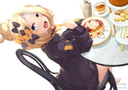 Rule 34 | 1girl, :d, abigail williams (fate), abigail williams (traveling outfit) (fate), absurdres, barefoot, black bow, black jacket, blonde hair, blue eyes, blush stickers, bow, chair, crossed bandaids, cup, disposable cup, fate/grand order, fate (series), feet, food, fork, fruit, hair bow, hair bun, hand up, head tilt, heroic spirit traveling outfit, highres, holding, holding fork, jacket, kana616, long hair, long sleeves, looking at viewer, looking to the side, official alternate costume, on chair, open mouth, orange bow, pancake, pancake stack, parted bangs, pie, plate, polka dot, polka dot bow, sandwich, simple background, single hair bun, sitting, sleeves past fingers, sleeves past wrists, smile, solo, strawberry, stuffed animal, stuffed toy, table, tea, teacup, teddy bear, tiered tray, twitter username, white background