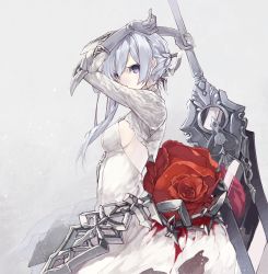 Rule 34 | 1girl, arms up, asymmetrical hair, blue eyes, braid, breasts, chain, dress, flower, from side, gloves, grey background, grey gloves, grey hair, hair ribbon, highres, holding, holding sword, holding weapon, looking at viewer, medium breasts, red flower, red rose, ribbon, rose, senmu (senmudayo), short hair with long locks, sideboob, sidelocks, simple background, sinoalice, snow white (sinoalice), solo, sword, weapon, white dress, white ribbon