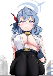 Rule 34 | absurdres, ako (blue archive), bare shoulders, bell, black gloves, black skirt, black thighhighs, blue archive, blue eyes, blue hair, blush, book, book stack, breasts, closed mouth, cuffs, earrings, gloves, halo, handcuffs, high-waist skirt, highres, jewelry, komasi, large breasts, long hair, looking at viewer, neck bell, no bra, open clothes, open shirt, shirt, simple background, sitting, skirt, sleeveless, sleeveless shirt, stud earrings, sweat, thighhighs, unbuttoned, unbuttoned shirt, v-shaped eyebrows, white background, white shirt