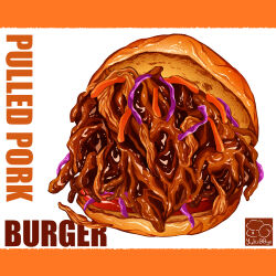 Rule 34 | artist logo, bread, burger, food, food focus, food name, highres, meat, no humans, original, pork, pulled pork, yuki00yo