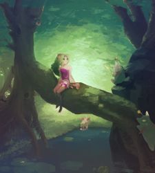 Rule 34 | 1990s (style), 1girl, cape, female focus, final fantasy, final fantasy vi, forest, green eyes, green hair, in tree, long hair, moogle, nature, nito (tinabfd), outdoors, plant, pond, retro artstyle, sitting, sitting in tree, solo, tina branford, tree, uwaynito