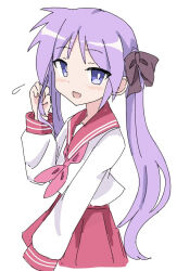 Rule 34 | 1girl, blush, bow, hair ribbon, hiiragi kagami, long hair, lucky star, mole, mole under eye, neckerchief, open mouth, pleated skirt, purple eyes, purple hair, red sailor collar, red skirt, ribbon, ryouou school uniform, sailor collar, school uniform, serafuku, shirt, sidelocks, simple background, skirt, smile, solo, sweatdrop, theon (te2eo), twintails, white background, white shirt