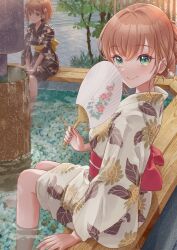 Rule 34 | 2girls, absurdres, aqua eyes, black kimono, blush, brown hair, closed mouth, commentary request, crossed bangs, floral print, floral print kimono, foot bath, hair bun, hand fan, highres, hinoshita kaho, holding, holding fan, japanese clothes, kimono, kobassy, link! like! love live!, long sleeves, looking at viewer, love live!, multiple girls, obi, outdoors, print kimono, red sash, sash, short hair, single hair bun, smile, soaking feet, solo focus, split mouth, virtual youtuber, white kimono, yellow sash, yukata