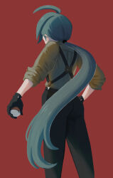 Rule 34 | 1girl, absurdres, ahoge, androgynous, artist name, ass, asymmetrical bangs, back, black gloves, black pants, collared shirt, creatures (company), ear piercing, earrings, flat ass, game freak, gloves, green hair, grey shirt, hand on own hip, highres, holding, holding poke ball, jewelry, long hair, nintendo, ohtn schneider, pants, piercing, poke ball, poke ball (basic), pokemon, pokemon sv, ponytail, red background, reverse trap, rika (pokemon), shirt, sleeves past elbows, solo, suspenders, triangle earrings, twitter username, very long hair