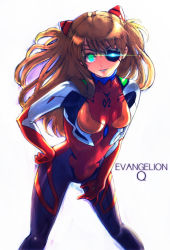 Rule 34 | 10s, 1girl, boyaking, breasts, breasts apart, brown hair, copyright name, cowboy shot, evangelion: 3.0 you can (not) redo, eyepatch, glowing, green eyes, hand on own hip, hand on own thigh, head tilt, heterochromia, legs apart, light trail, long hair, looking at viewer, neon genesis evangelion, parted bangs, plugsuit, rebuild of evangelion, simple background, smile, solo, souryuu asuka langley, standing, two side up, white background