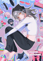 1girl alternate_costume bandana barefoot bechu black_bandana black_pants breasts clothes_writing commentary crop_top dan_heng_(honkai:_star_rail) earrings feet from_side full_body grey_hair highres honkai:_star_rail honkai_(series) jewelry long_hair looking_at_viewer march_7th_(honkai:_star_rail) medium_breasts pants parted_lips shirt solo stelle_(honkai:_star_rail) symbol-only_commentary toes trailblazer_(honkai:_star_rail) white_shirt yellow_eyes