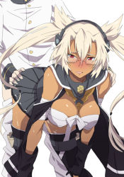 Rule 34 | 10s, 1boy, 1girl, admiral (kancolle), bent over, blonde hair, blush, breasts, budget sarashi, clothed sex, dark-skinned female, dark skin, doggystyle, glasses, gloves, hand on own ass, headgear, hetero, kantai collection, large breasts, long hair, looking at viewer, miniskirt, musashi (kancolle), musashi kai (kancolle), neu (musyoku-neet), open mouth, personification, pointy hair, pussy juice, red eyes, rimless eyewear, sarashi, sex, sex from behind, skirt, thighhighs, twintails, two side up