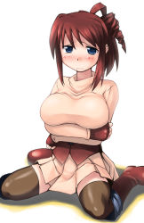 Rule 34 | 1girl, player character (mabinogi), boots, breast hold, breasts squeezed together, breasts, brown hair, fingerless gloves, gloves, ikujitto, large breasts, mabinogi, solo, thighhighs