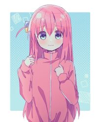 Rule 34 | 1girl, blush, bocchi the rock!, border, closed mouth, commentary request, cube hair ornament, gotoh hitori, hair between eyes, hair ornament, hands up, jacket, long hair, long sleeves, looking at viewer, pink hair, pink jacket, raised eyebrows, ruru (rurumagi), solo, track jacket, turtleneck, turtleneck jacket, upper body, white border