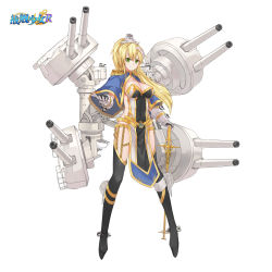 Rule 34 | 1girl, blonde hair, boots, breasts, cannon, chain, cleavage, copyright name, epaulettes, full body, gloves, green eyes, highres, logo, ponytail, simple background, solo, stmast, sword, thigh boots, thighhighs, turret, vanguard (warship girls r), warship girls r, weapon, white background, white gloves