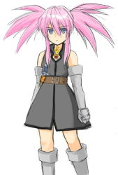 Rule 34 | 00s, 1girl, blue eyes, boots, dagger, elbow gloves, expressionless, gloves, knee boots, knife, pink hair, presea combatir, solo, tales of (series), tales of symphonia, traditional media, twintails, weapon