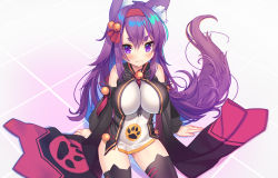 Rule 34 | 1girl, animal ears, at-yui, azur lane, bare shoulders, bell, black thighhighs, black vest, blush, breasts, closed mouth, detached sleeves, dress, eyebrows, eyes visible through hair, fox ears, fox tail, frown, gluteal fold, hair bell, hair between eyes, hair ornament, hair ribbon, hairband, impossible clothes, jingle bell, large breasts, long hair, long sleeves, looking at viewer, microdress, open clothes, open mouth, open vest, paw print, purple eyes, purple hair, red hairband, red ribbon, ribbon, sitting, solo, spread legs, sweat, tail, tassel, thick eyebrows, thighhighs, tsurime, urakaze (azur lane), vest, wavy mouth, white dress, zettai ryouiki