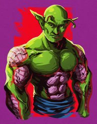 Rule 34 | 1boy, abs, absurdres, alien, antennae, bald, black eyes, colored skin, commentary, cropped arms, crossover, dragon ball, dragonball z, english commentary, finbeard, fusion, green skin, highres, jean-luc picard, looking to the side, male focus, mixed-language commentary, muscular, muscular male, name connection, namekian, pectorals, piccolo, pointy ears, pun, solo, star trek, star trek: the next generation