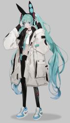 Rule 34 | 1girl, :o, absurdres, adjusting headphones, animal ear headphones, animal ears, aqua footwear, aqua hair, bad id, bad pixiv id, black pantyhose, commentary request, fake animal ears, full body, green hair, green neckwear, grey background, hair ornament, hair ribbon, hatsune miku, headphones, highres, holding, holding headphones, jacket, long hair, long sleeves, looking at viewer, loose necktie, mile (mil2), necktie, nike (company), open clothes, open jacket, pantyhose, ribbon, shirt, shoes, simple background, sneakers, standing, twintails, very long hair, vocaloid, white footwear, white jacket, white shirt