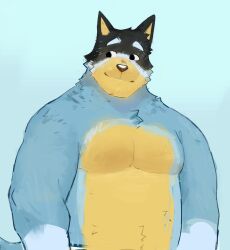 Rule 34 | 1boy, bandit heeler, bara, belly, black hair, blue fur, bluey, dog boy, furry, furry male, highres, light smile, looking to the side, makfuno, male focus, mature male, muscular, muscular male, no nipples, nude, short hair, smile, solo, sparse stubble, stomach, tareme, thick eyebrows, upper body