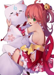 Rule 34 | 1girl, 35p (sakura miko), absurdres, ahoge, breasts, commentary request, detached sleeves, green eyes, highres, holding, hololive, huge filesize, japanese clothes, kimono, long hair, looking at viewer, medium breasts, mikaku, red hair, sakura miko, sakura miko (1st costume), sideboob, simple background, sitting, solo, thighhighs, virtual youtuber, white background, white thighhighs