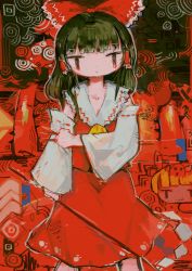 Rule 34 | 1girl, abstract, abstract background, ascot, blunt bangs, bow, brown hair, detached sleeves, expressionless, feet out of frame, frilled bow, frills, hair bow, hair tubes, hakurei reimu, hito (nito563), holding, japanese clothes, long hair, miko, red bow, red shirt, red skirt, ribbon-trimmed sleeves, ribbon trim, shirt, skirt, solo, touhou, white sleeves, yellow ascot