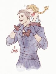 Rule 34 | 1boy, 1girl, aged down, bare shoulders, belt, blonde hair, braid, braided ponytail, carrying, carrying person, child, cidolfus telamon, closed eyes, facial hair, father and child, father and daughter, final fantasy, final fantasy xvi, gloves, grey hair, highres, jen bartel, mature male, midadol telamon, multiple belts, open mouth, parent and child, piggyback, ponytail, red ribbon, ribbon, shoulder carry, simple background, single braid, smile, standing, stubble, upper body, white background