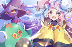Rule 34 | 1girl, :d, anzu (v0 0v o0), bellibolt, blue hair, blush, bow-shaped hair, choice specs, commentary request, creatures (company), game freak, gen 4 pokemon, grey shirt, highres, iono (pokemon), jacket, long sleeves, looking at viewer, mismagius, nintendo, open mouth, pink hair, pokemon, pokemon (creature), pokemon sv, sharp teeth, shirt, sleeveless, sleeveless shirt, sleeves past fingers, sleeves past wrists, smile, teeth, tongue, upper teeth only, yellow jacket