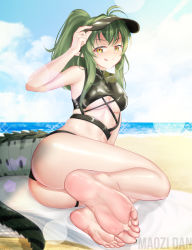 Rule 34 | 1girl, :p, adjusting clothes, adjusting headwear, antenna hair, arknights, armpits, arms up, ass, bare legs, bare shoulders, beach, breasts, commentary, crocodilian tail, day, english commentary, foot focus, foreshortening, gavial (arknights), green hair, green nails, highres, legs, long hair, looking at viewer, maozi dan, medium breasts, nail polish, navel, official alternate costume, outdoors, pointy ears, shadow, sitting, smile, soles, solo, stomach, tail, thigh strap, thighs, toenail polish, toenails, tongue, tongue out, underboob, visor cap, yellow eyes, yokozuwari