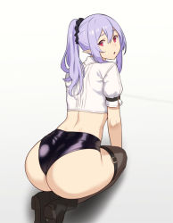 Rule 34 | 1girl, ankle boots, ass, back, black panties, black thighhighs, boots, commentary request, elf, hair between eyes, hip focus, houtengeki, light purple hair, long hair, looking at viewer, looking back, midriff, open mouth, original, panties, pointy ears, ponytail, purple hair, red eyes, scrunchie, seiza, shirt, short sleeves, sidelocks, simple background, sitting, solo, thighhighs, thighs, underwear, white background, white shirt