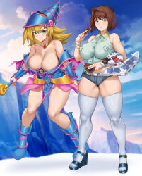 Rule 34 | 2girls, alternate breast size, aqua shirt, armor, armpit crease, bare shoulders, blonde hair, blue dress, blue footwear, blue headwear, blue shorts, blunt ends, blurry, blurry background, blush stickers, boots, breasts, cleavage, closed mouth, collared shirt, covered erect nipples, dark magician girl, depth of field, derivative work, dress, duel disk, duel monster, full body, gluteal fold, green eyes, grey eyes, hair between eyes, hand up, hat, high heels, highres, holding, huge breasts, impossible clothes, jirusu, legs, long hair, magical girl, mazaki anzu, medium hair, micro shorts, midriff, multiple girls, off-shoulder dress, off shoulder, pink dress, playing games, revealing clothes, sandals, screenshot redraw, shadow, shiny skin, shirt, short dress, shorts, sidelocks, single hair intake, skindentation, sleeveless, sleeveless shirt, standing, thighhighs, thighs, toes, white thighhighs, wide hips, wizard hat, yu-gi-oh!, yu-gi-oh! duel monsters