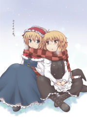Rule 34 | 2girls, alice margatroid, blonde hair, blue eyes, boots, brown hair, capelet, cross-laced footwear, dress, female focus, headdress, indian style, kirisame marisa, lace-up boots, lock heart (juuryokudou), multiple girls, no headwear, scarf, shared clothes, shared scarf, sitting, snowing, touhou, translation request, yuri