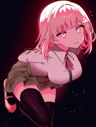 1girl absurdres black_thighhighs breasts brown_hair brown_skirt collared_shirt danganronpa_(series) danganronpa_2:_goodbye_despair flipped_hair galaga hair_ornament highres long_sleeves looking_at_viewer medium_hair nanami_chiaki neck_ribbon pink_eyes pink_ribbon pleated_skirt ribbon shirt skirt smile solo su_no_(su_no090) thighhighs two-tone_shirt white_shirt