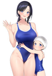 Rule 34 | 2girls, bare shoulders, black hair, blue eyes, blue one-piece swimsuit, blush, breasts, collarbone, highleg, highleg swimsuit, large breasts, long hair, looking at viewer, multiple girls, one-piece swimsuit, open mouth, original, popqn, small breasts, smile, swimsuit