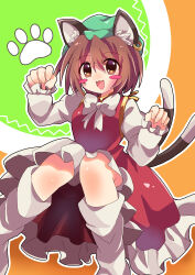 Rule 34 | 1girl, :3, :d, absurdres, animal ear fluff, animal ear piercing, animal ears, blush stickers, bow, bowtie, breasts, brown eyes, brown hair, cat ears, cat tail, chen, commentary request, dress, earrings, feet out of frame, frilled sleeves, frills, gold trim, green background, green hat, hair between eyes, hands up, happy, hat, highres, jewelry, juliet sleeves, kneehighs, knees together feet apart, long sleeves, looking at viewer, loose socks, medium breasts, mob cap, multiple tails, nekomata, open mouth, orange background, outline, paw pose, petticoat, puffy sleeves, red dress, short hair, single earring, sleeves past wrists, smile, socks, solo, tail, touhou, two tails, user etcs8358, white bow, white bowtie, white outline, white socks