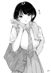 Rule 34 | 1girl, absurdres, bag, blush, breasts, collared shirt, commentary request, greyscale, hands up, highres, looking at viewer, medium breasts, monochrome, necktie, open mouth, original, pleated skirt, school bag, school uniform, shirt, signature, simple background, skirt, solo, sweat, takenoko no you, teeth, towel, towel on head, upper teeth only, white background