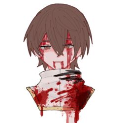 Rule 34 | 1boy, bleeding from forehead, blood, blood from mouth, blood on clothes, blood on face, brown eyes, brown hair, chinese commentary, commentary request, hair between eyes, jabuchi you, looking at viewer, male focus, mixed-language commentary, open mouth, pinkfinger, portrait, saibou shinkyoku, shirt, short hair, simple background, solo, white background, white shirt
