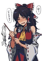 Rule 34 | 1girl, ?, bow, brown eyes, brown hair, commentary, detached sleeves, gohei, hair bow, hakurei reimu, holding, holding gohei, large bow, nontraditional miko, noriuma, red bow, red shirt, red skirt, shirt, sketch, skirt, solo, speech bubble, sweat, touhou, translated, white background, white sleeves