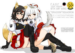 Rule 34 | 2girls, albino, animal ears, bad id, bad pixiv id, black hair, blush, boots, dakku (ogitsune), gloves, hair ornament, hair ribbon, hairpin, leg between thighs, multiple girls, nontraditional miko, panties, ponytail, ribbon, sandals, strike witches, strike witches 1991, tail, thighhighs, underwear, uniform, white background, white hair, world witches series