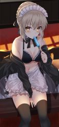 Rule 34 | 1girl, absurdres, apron, artoria pendragon (alter swimsuit rider) (fate), artoria pendragon (alter swimsuit rider) (second ascension) (fate), artoria pendragon (fate), bare shoulders, between legs, bikini, black bikini, black jacket, black skirt, black thighhighs, blonde hair, bow, bowtie, braid, braided bun, breasts, cleavage, detached collar, fate/grand order, fate (series), food, food in mouth, frilled bikini, frilled skirt, frills, hair bun, hair ribbon, highres, holding, jacket, jun (aousa0328), looking at viewer, maid, maid apron, maid bikini, maid headdress, medium breasts, miniskirt, navel, off shoulder, open clothes, open jacket, orange eyes, popsicle, ribbon, sitting, skirt, slit pupils, solo, stomach, swimsuit, thighhighs, thighs, unconventional maid, waist apron, zettai ryouiki