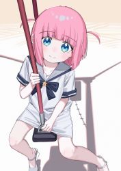 Rule 34 | 1girl, blue bow, blue bowtie, blue eyes, blush, bocchi the rock!, bow, bowtie, dress, gotoh futari, grey sailor collar, highres, looking at viewer, outdoors, pink hair, ryuuforkaf, sailor collar, sailor dress, shadow, shoes, short hair, short sleeves, sitting, smile, solo, star (symbol), swing, two side up, white dress, white footwear