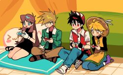 1boy 2girls black_dress black_hair blonde_hair blue_oak brown_hair creatures_(company) crossed_legs dress game_freak gloves green_(pokemon) green_jacket hat highres jacket joy-con ki2ri5 long_hair multiple_girls nintendo pokemon pokemon_adventures red_(pokemon) red_jacket short_hair straw_hat white_gloves yellow_(pokemon)