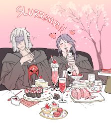 Rule 34 | 2boys, 5altybitter5, braid, cherry blossoms, closed eyes, closed mouth, cupcake, emet-selch, final fantasy, final fantasy xiv, food, fork, fruit, glass, grey robe, highres, holding, holding fork, hythlodaeus, ice cream, mask, mask around neck, multiple boys, purple hair, robe, slurping, smile, sophist&#039;s robe (ff14), strawberry, tree, turn pale