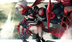 Rule 34 | 1girl, absurdres, admiral graf spee (azur lane), azur lane, black dress, black socks, blue eyes, blunt bangs, blush, boots, breasts, commentary request, dress, floating hair, highres, kneehighs, leg up, long sleeves, looking afar, mechanical hands, mechanical tail, multicolored hair, red hair, red scarf, rigging, scarf, short hair, sidelocks, silver hair, small breasts, socks, solo, streaked hair, tail, wind, yoshio (55level)