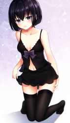 Rule 34 | 1girl, absurdres, bare arms, bare shoulders, black hair, black skirt, black thighhighs, blue eyes, bow, breasts, center opening, chemise, closed mouth, collarbone, fine fabric emphasis, highres, kneeling, looking at viewer, miniskirt, navel, no shoes, omoomomo, original, shadow, short hair, sidelocks, skirt, small breasts, solo, thighhighs, zettai ryouiki