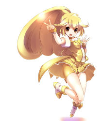 Rule 34 | 10s, 1girl, bike shorts, bike shorts under skirt, blonde hair, boots, bow, cure peace, double v, dress, full body, hair flaps, kise yayoi, long hair, magical girl, precure, puffy sleeves, shorts, shorts under skirt, skirt, smile, smile precure!, solo, sora to umi, v, white background, wrist cuffs, yellow bow, yellow dress, yellow eyes, yellow shorts, yellow skirt, yellow theme